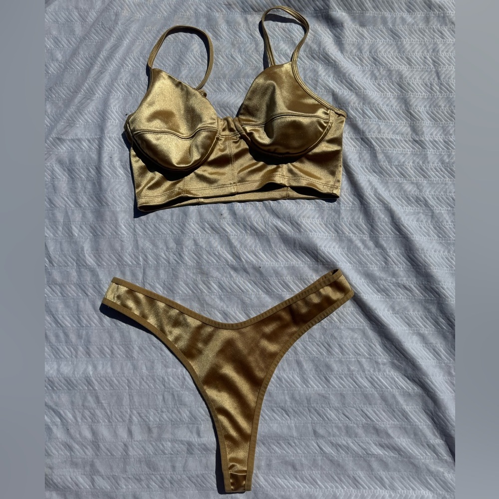 Free People Bralette Corset with matching yellow silk/satin thong
